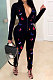 Black Women Long Sleeve Zipper Mid Waist Bowknot Printing Bodycon Jumpsuits LD8756