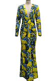 Orange Digital Printing Long Sleeve V Neck Collect Waist Slim Fitting Long Dress SMR10590-3