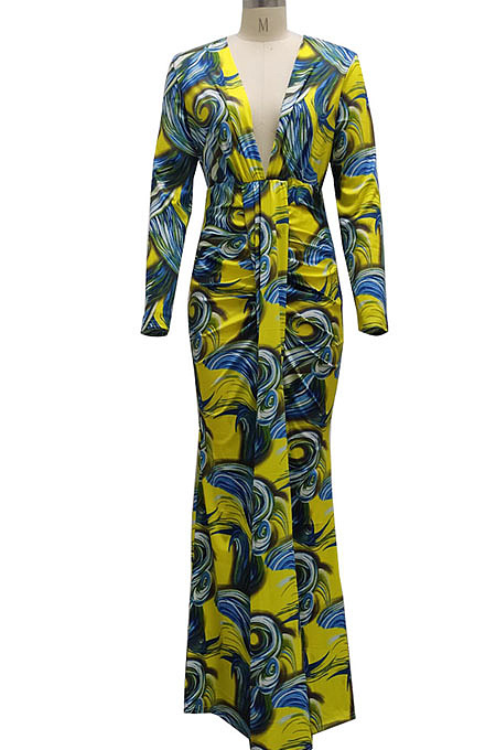 Orange Digital Printing Long Sleeve V Neck Collect Waist Slim Fitting Long Dress SMR10590-3