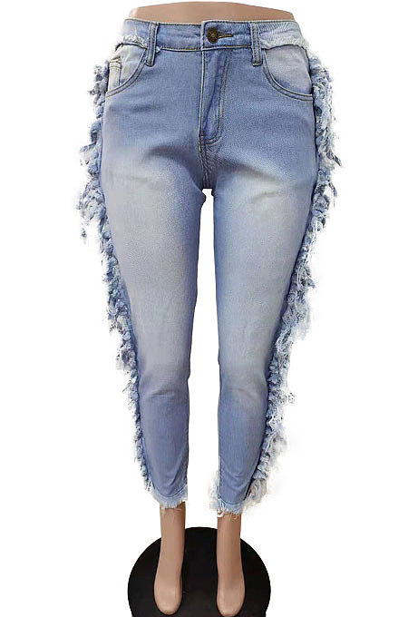 Blue Euramerican Women Tassel Tight Mid Waist Jeans Pants LD8777