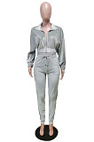 Silver High Quality Velvet Batwing Sleeve Zip Crop Tops Trousers Plain Color Sport Sets WY6844-2