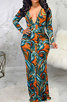 Orange Digital Printing Long Sleeve V Neck Collect Waist Slim Fitting Long Dress SMR10590-3