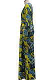 Orange Digital Printing Long Sleeve V Neck Collect Waist Slim Fitting Long Dress SMR10590-3