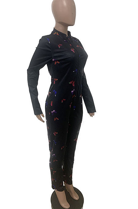 Black Women Long Sleeve Zipper Mid Waist Bowknot Printing Bodycon Jumpsuits LD8756
