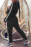 Black Women's High Quality Side Strip Long Sleeve Zip Front Sweater Velvet Trousers Sets TZ1208-2