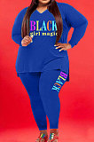 Pink Wholesale Fat Women Letter Printing Long Sleeve V Neck Slit T-Shirts Skinny Pants Plain Color Set WA77277-3