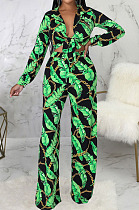 Green Sexy New Printing Long Sleeve Bandage Crop Tops Wlide Leg Pants Sets SMR10673-1