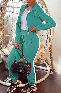 Sea Blue Women's High Quality Side Strip Long Sleeve Zip Front Sweater Velvet Trousers Sets TZ1208-3