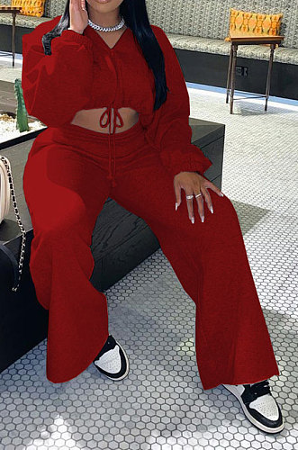 Red Modest New Long Sleeve Drawsting Zip Hooded Tops Wide Leg Pants Sport Sets TZ1209-2