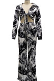 Black Sexy New Printing Long Sleeve Bandage Crop Tops Wlide Leg Pants Sets SMR10673-3