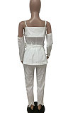 Rice White Women Cardigan Condole Belt Solid Color Sexy V Collar Split Pants Sets LD81043