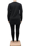 Pink Wholesale Fat Women Letter Printing Long Sleeve V Neck Slit T-Shirts Skinny Pants Plain Color Set WA77277-3
