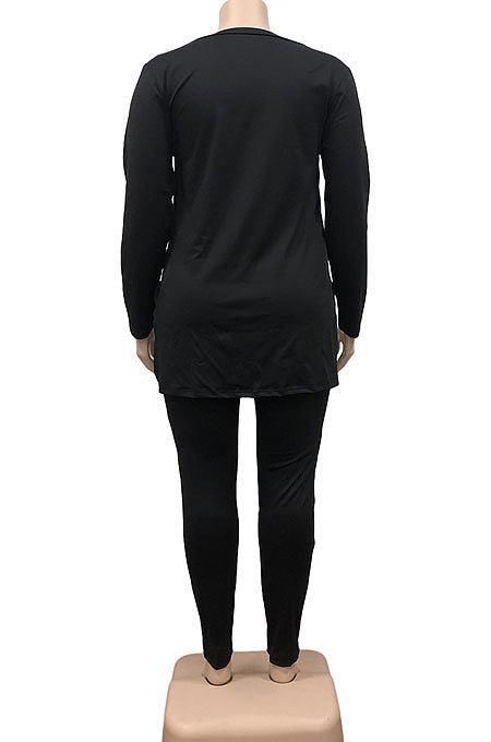 Black Wholesale Fat Women Letter Printing Long Sleeve V Neck Slit T-Shirts Skinny Pants Plain Color Set WA77277-6