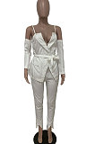 Rice White Women Cardigan Condole Belt Solid Color Sexy V Collar Split Pants Sets LD81043
