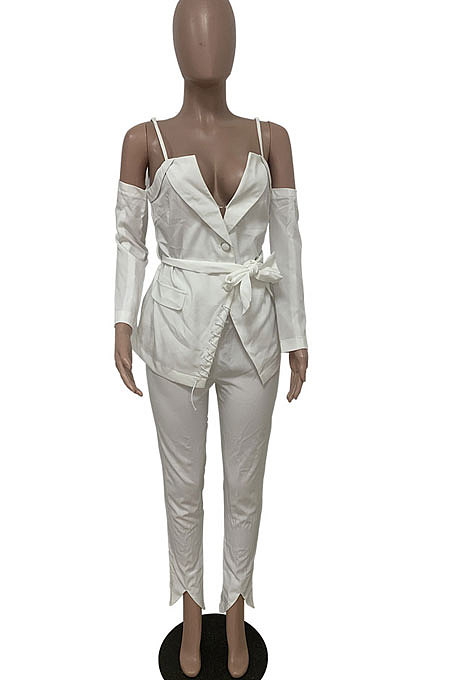 Rice White Women Cardigan Condole Belt Solid Color Sexy V Collar Split Pants Sets LD81043
