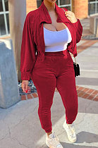 Wine Red High Quality Velvet Batwing Sleeve Zip Crop Tops Trousers Plain Color Sport Sets WY6844-4