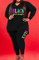 Black Wholesale Fat Women Letter Printing Long Sleeve V Neck Slit T-Shirts Skinny Pants Plain Color Set WA77277-6