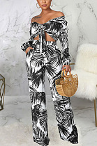Black Sexy New Printing Long Sleeve Bandage Crop Tops Wlide Leg Pants Sets SMR10673-3