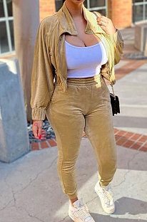 Brown High Quality Velvet Batwing Sleeve Zip Crop Tops Trousers Plain Color Sport Sets WY6844-1