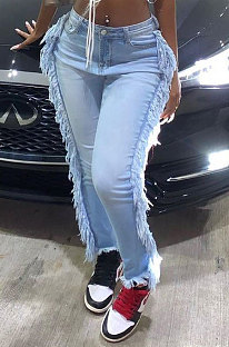 Blue Euramerican Women Tassel Tight Mid Waist Jeans Pants LD8777
