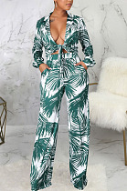 Cyan Green Sexy New Printing Long Sleeve Bandage Crop Tops Wlide Leg Pants Sets SMR10673-2