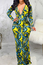 Yellow Digital Printing Long Sleeve V Neck Collect Waist Slim Fitting Long Dress SMR10590-1
