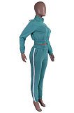 Black Women's High Quality Side Strip Long Sleeve Zip Front Sweater Velvet Trousers Sets TZ1208-2