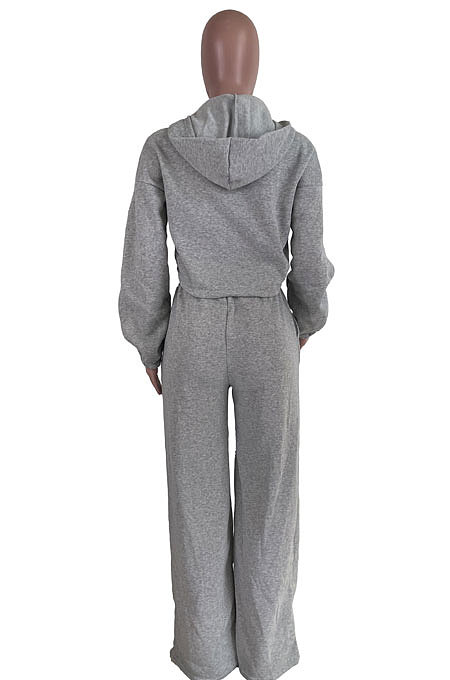 Black Modest New Long Sleeve Drawsting Zip Hooded Tops Wide Leg Pants Sport Sets TZ1209-3