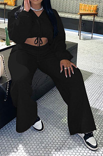 Black Modest New Long Sleeve Drawsting Zip Hooded Tops Wide Leg Pants Sport Sets TZ1209-3