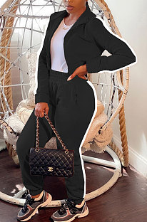 Black Women's High Quality Side Strip Long Sleeve Zip Front Sweater Velvet Trousers Sets TZ1208-2