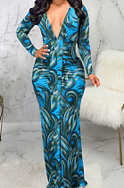 Blue Digital Printing Long Sleeve V Neck Collect Waist Slim Fitting Long Dress SMR10590-2