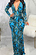 Blue Digital Printing Long Sleeve V Neck Collect Waist Slim Fitting Long Dress SMR10590-2