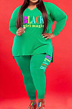 Pink Wholesale Fat Women Letter Printing Long Sleeve V Neck Slit T-Shirts Skinny Pants Plain Color Set WA77277-3