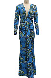 Orange Digital Printing Long Sleeve V Neck Collect Waist Slim Fitting Long Dress SMR10590-3