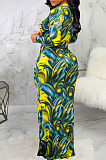 Yellow Digital Printing Long Sleeve V Neck Collect Waist Slim Fitting Long Dress SMR10590-1