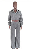 Grey Modest New Long Sleeve Drawsting Zip Hooded Tops Wide Leg Pants Sport Sets TZ1209-1