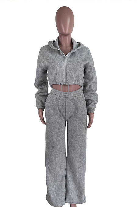 Black Modest New Long Sleeve Drawsting Zip Hooded Tops Wide Leg Pants Sport Sets TZ1209-3