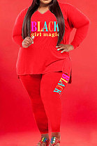 Red Wholesale Fat Women Letter Printing Long Sleeve V Neck Slit T-Shirts Skinny Pants Plain Color Set WA77277-1