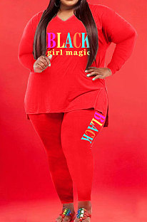 Red Wholesale Fat Women Letter Printing Long Sleeve V Neck Slit T-Shirts Skinny Pants Plain Color Set WA77277-1