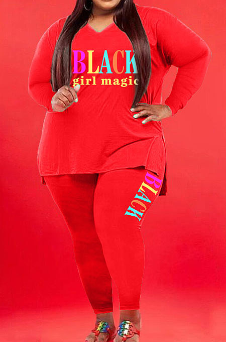 Red Wholesale Fat Women Letter Printing Long Sleeve V Neck Slit T-Shirts Skinny Pants Plain Color Set WA77277-1