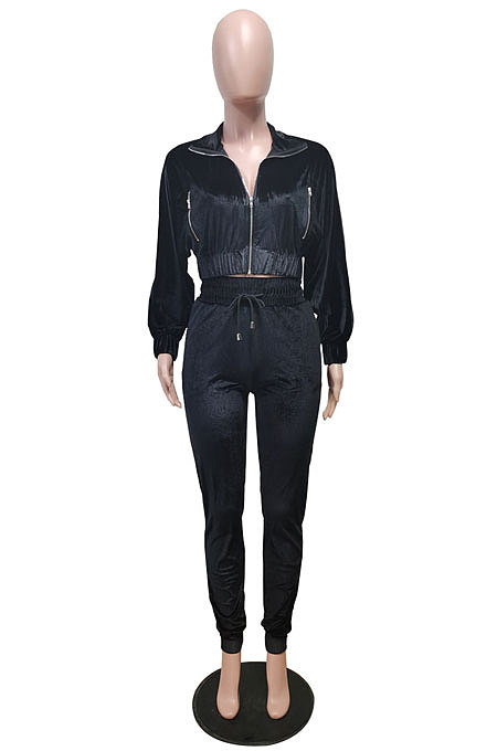 Brown High Quality Velvet Batwing Sleeve Zip Crop Tops Trousers Plain Color Sport Sets WY6844-1