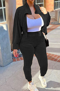 Black High Quality Velvet Batwing Sleeve Zip Crop Tops Trousers Plain Color Sport Sets WY6844-3