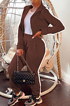Brown Women's High Quality Side Strip Long Sleeve Zip Front Sweater Velvet Trousers Sets TZ1208-1