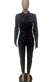 Black Women Long Sleeve Zipper Mid Waist Bowknot Printing Bodycon Jumpsuits LD8756