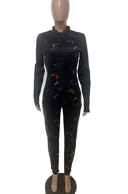 Black Women Long Sleeve Zipper Mid Waist Bowknot Printing Bodycon Jumpsuits LD8756