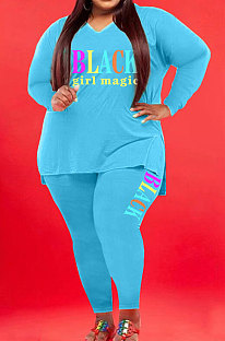 Green Wholesale Fat Women Letter Printing Long Sleeve V Neck Slit T-Shirts Skinny Pants Plain Color Set WA77277-5