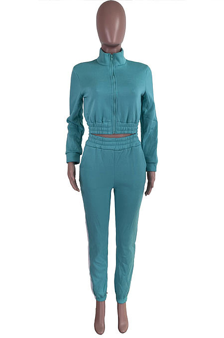 Brown Women's High Quality Side Strip Long Sleeve Zip Front Sweater Velvet Trousers Sets TZ1208-1