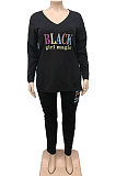 Pink Wholesale Fat Women Letter Printing Long Sleeve V Neck Slit T-Shirts Skinny Pants Plain Color Set WA77277-3