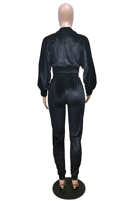 Wine Red High Quality Velvet Batwing Sleeve Zip Crop Tops Trousers Plain Color Sport Sets WY6844-4