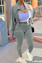 Silver High Quality Velvet Batwing Sleeve Zip Crop Tops Trousers Plain Color Sport Sets WY6844-2